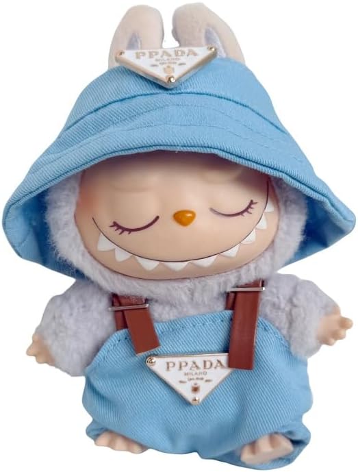 Labubu 服 Labubuぬいぐるみ 対応 手作り デニムオーバーオール&帽子セット labubu clothes 手工製作 Labubu アクセサリー かわいい ドール服 (ブルーP,2点セット)