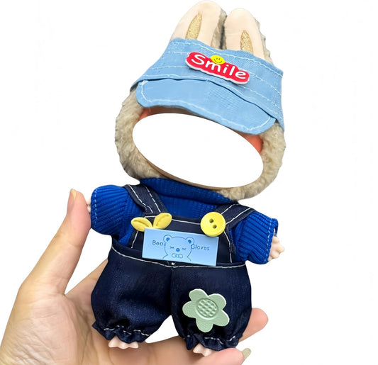 Labubu 服 Labubuぬいぐるみ 対応 手作り デニムオーバーオール&帽子セット labubu clothes 手工製作 Labubu アクセサリー かわいい ドール服 (11, 17cm)