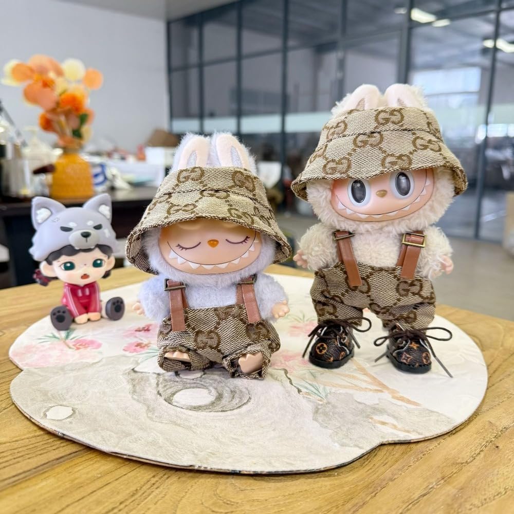 Labubu 服 Labubuぬいぐるみ 対応 手作り デニムオーバーオール&帽子セット labubu clothes 手工製作 Labubu アクセサリー かわいい ドール服 (ブルーP,2点セット)