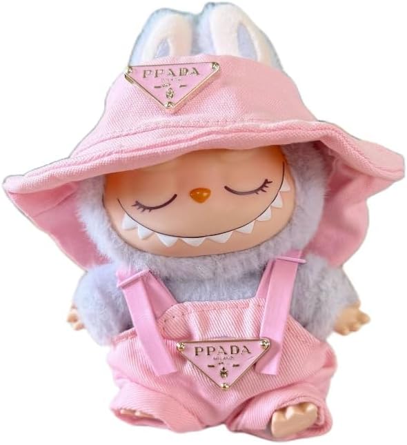 Labubu 服 Labubuぬいぐるみ 対応 手作り デニムオーバーオール＆帽子セット labubu clothes 手工製作 Labubu アクセサリー かわいい ドール服 (ブルーP,2点セット)