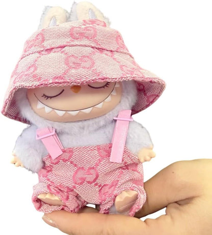 Labubu 服 Labubuぬいぐるみ 対応 手作り デニムオーバーオール＆帽子セット labubu clothes 手工製作 Labubu アクセサリー かわいい ドール服 (ブルーP,2点セット)