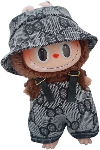 Labubu 服 Labubuぬいぐるみ 対応 手作り デニムオーバーオール＆帽子セット labubu clothes 手工製作 Labubu アクセサリー かわいい ドール服 (ブルーP,2点セット)