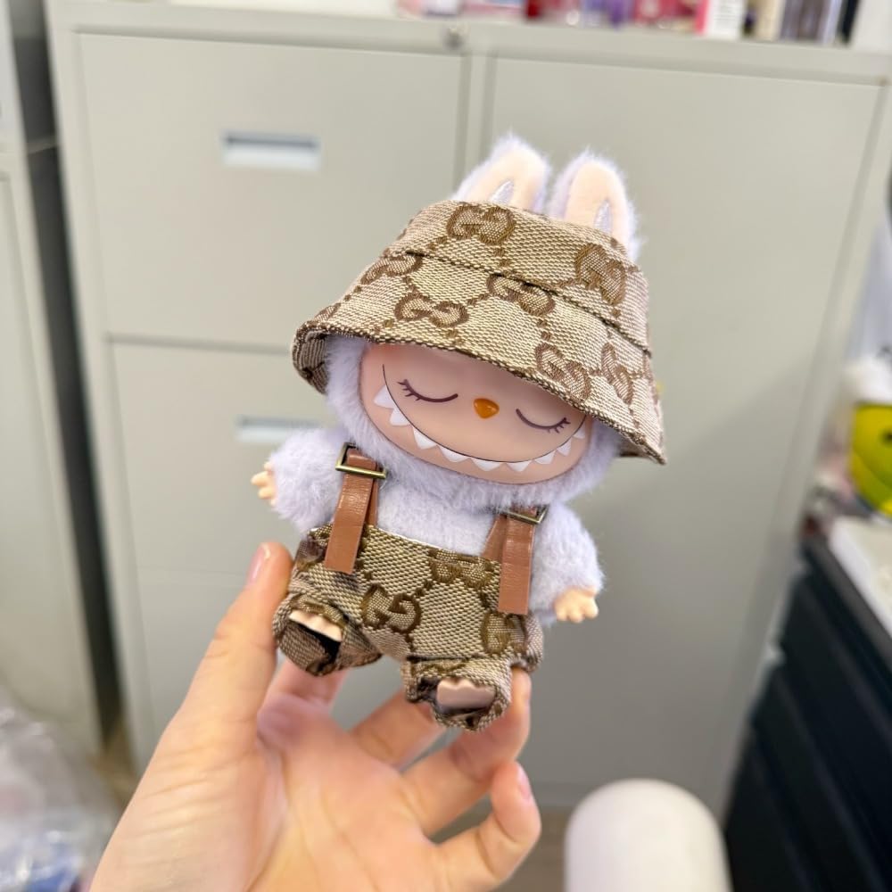 Labubu 服 Labubuぬいぐるみ 対応 手作り デニムオーバーオール＆帽子セット labubu clothes 手工製作 Labubu アクセサリー かわいい ドール服 (ブルーP,2点セット)