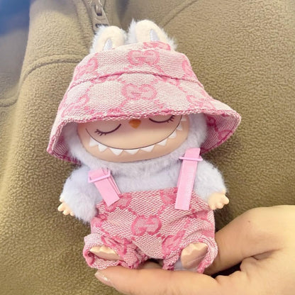 Labubu 服 Labubuぬいぐるみ 対応 手作り デニムオーバーオール＆帽子セット labubu clothes 手工製作 Labubu アクセサリー かわいい ドール服 (ブルーP,2点セット)