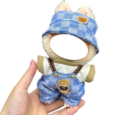 Labubu 服 Labubuぬいぐるみ 対応 手作り デニムオーバーオール＆帽子セット labubu clothes 手工製作 Labubu アクセサリー かわいい ドール服 (11, 17cm)